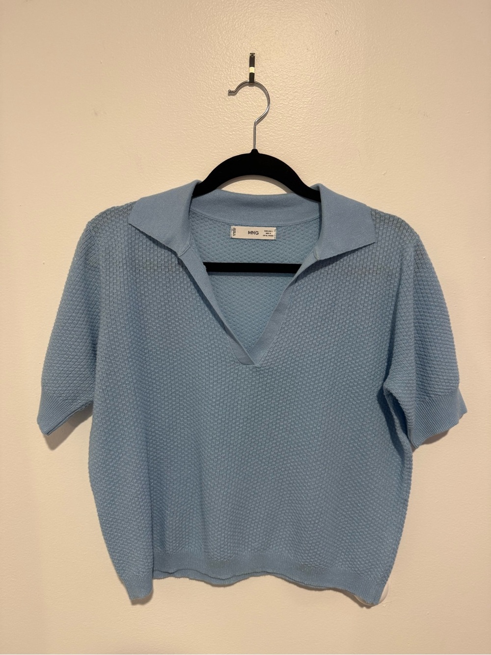 Mango Pale Blue Textured Polo Knit Top